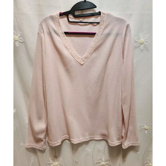 WOMEN LARGE PINK THERMAL KNIT PJ TOP LACE TRIM STRETCHY PREPPY CUTE CAPSULE WARM - Picture 1 of 12
